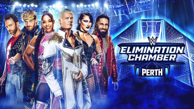A promotional image of the WWE Elimination Chamber 2024 featuring Cody Rhodes, Seth Rollins, Rhea Ripley, Bianca Belair, Logan Paul, and LA Knight.
